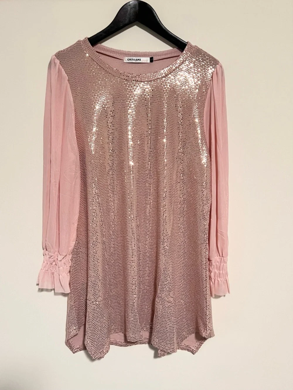 Origami Sequin Blush Pink Mini Dress with Sheer Sleeves - Picture 4 of 9